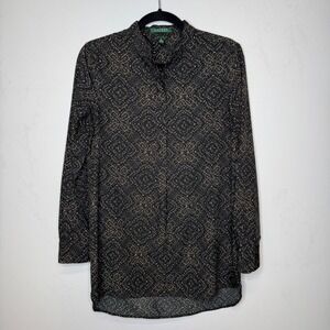 Lauren Ralph Lauren Womens Black Tan Geometric Dash Print Tunic Blouse Small